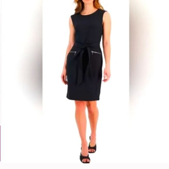 NWT Kasper Black Sleeveless Gold Zip Pockets Belted Sheath Midi Dress Size 10 - Picture 4 of 5